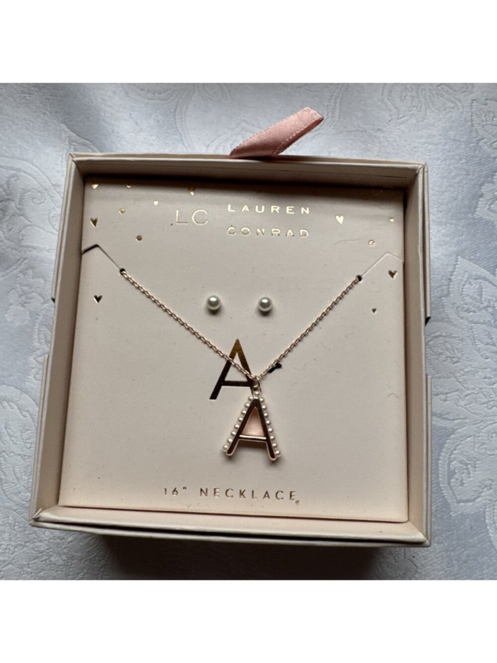 LAUREN CONRAD Initial "A” Gold Tone NECKLACE & Pearl Earring SET w/Gift Box NEW